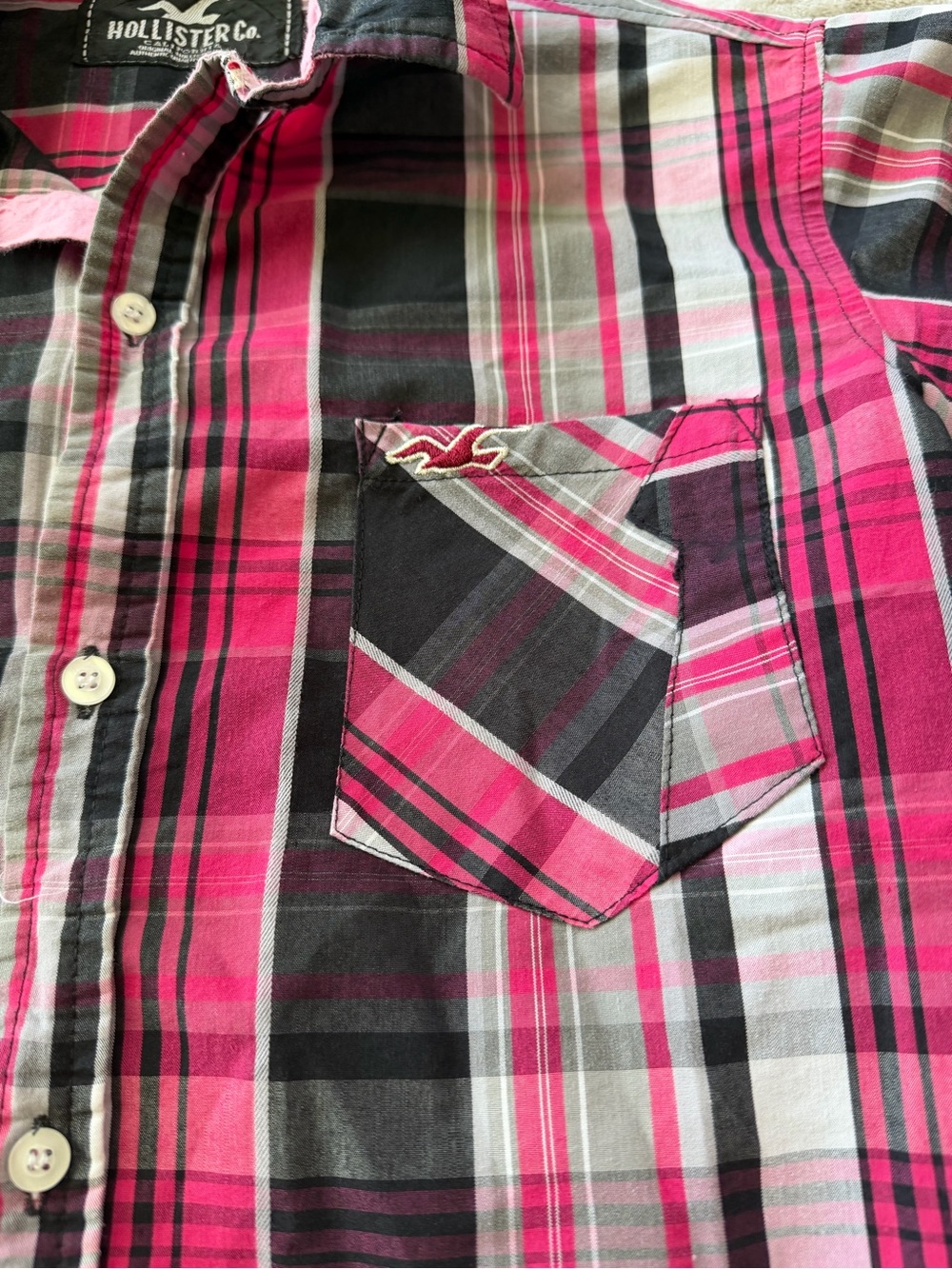 Vintage Kids Hollister Pink and Black Plaid Long-Sleeve Button-Down Shirt Size L - Picture 3 of 7